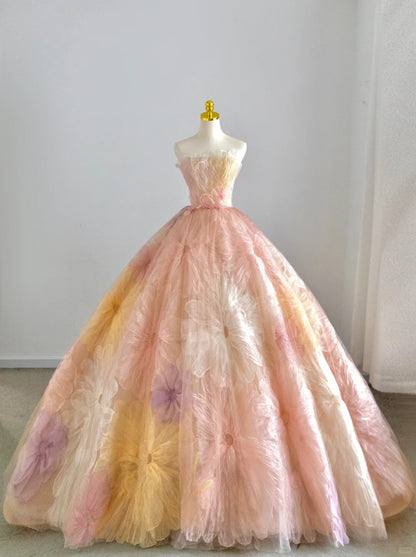 Modest Ball Gown Strapless Tulle Pink Floral Prom Dresses Sweet 16 Dress Long Evening Party Formal Outfits RB6594
