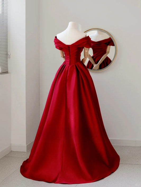Bezauberndes, schulterfreies, langes, rotes Satin-Abendkleid in A-Linie, formelles Partykleid, Ballkleid AU124