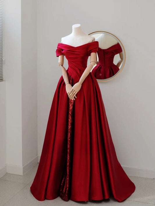 Bezauberndes, schulterfreies, langes, rotes Satin-Abendkleid in A-Linie, formelles Partykleid, Ballkleid AU124