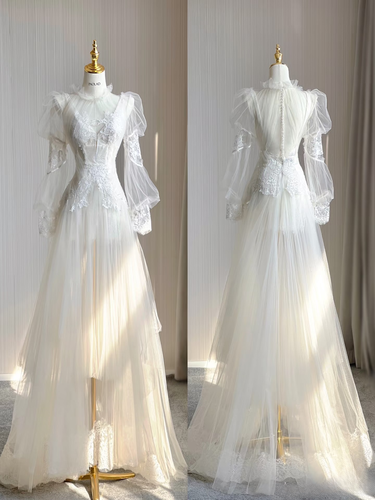 Robe de mariée trapèze en tulle et dentelle blanche, col en V, style féerique, AU126