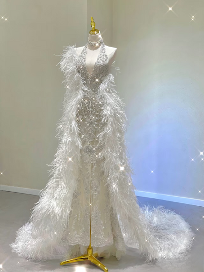 Vintage Mermaid Halter V Neck Sequin Lace Long Wedding Dress Fairy Formal Sparkly Wedding Dresses AU127