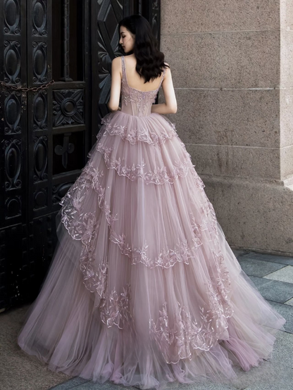 Bescheidenes Ballkleid mit quadratischem Ausschnitt, rosa Tüllapplikationen, Ballkleider, Inspiration, Ballkleid, Prinzessin, Party, Geburtstag, Abschluss, Outfits AU128