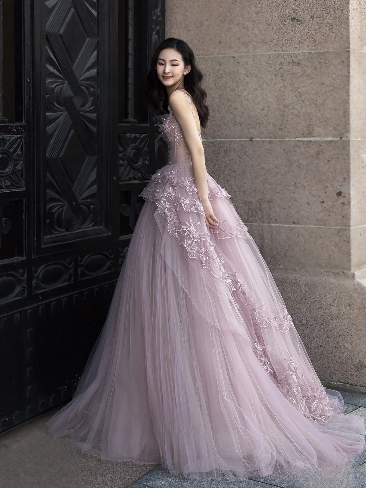 Bescheidenes Ballkleid mit quadratischem Ausschnitt, rosa Tüllapplikationen, Ballkleider, Inspiration, Ballkleid, Prinzessin, Party, Geburtstag, Abschluss, Outfits AU128