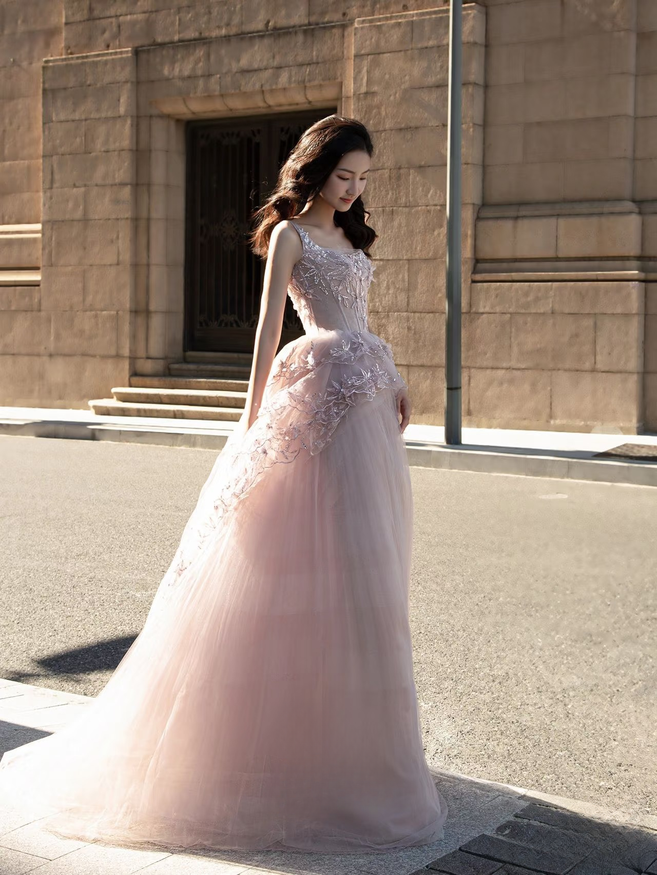 Bescheidenes Ballkleid mit quadratischem Ausschnitt, rosa Tüllapplikationen, Ballkleider, Inspiration, Ballkleid, Prinzessin, Party, Geburtstag, Abschluss, Outfits AU128