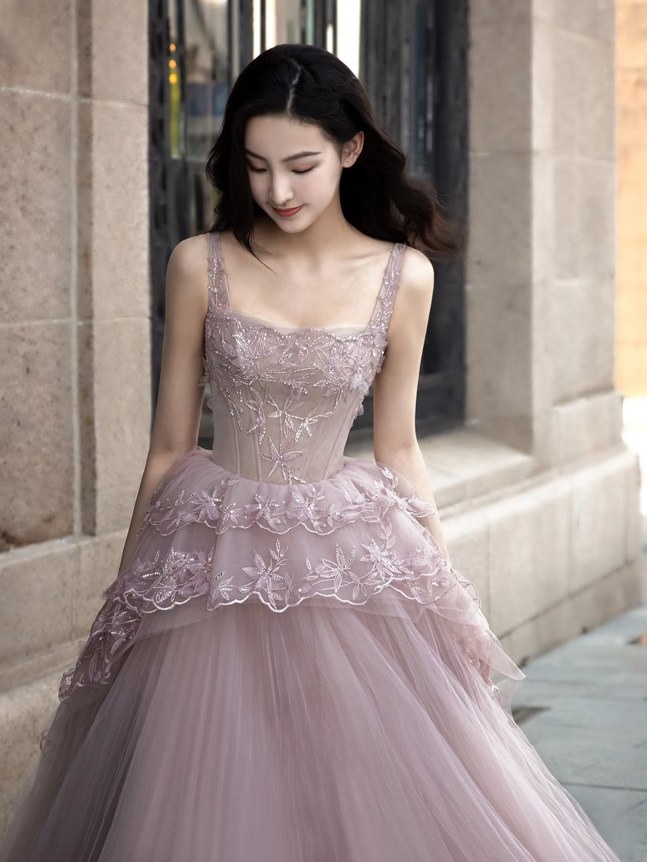 Bescheidenes Ballkleid mit quadratischem Ausschnitt, rosa Tüllapplikationen, Ballkleider, Inspiration, Ballkleid, Prinzessin, Party, Geburtstag, Abschluss, Outfits AU128