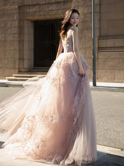 Bescheidenes Ballkleid mit quadratischem Ausschnitt, rosa Tüllapplikationen, Ballkleider, Inspiration, Ballkleid, Prinzessin, Party, Geburtstag, Abschluss, Outfits AU128