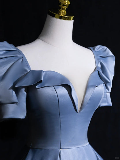 Elegant Ball Gown Sweetheart Blue Satin With Sleeves Long Birthday Outfits Semi Formal Gown Wedding Guest Dresses RB6600