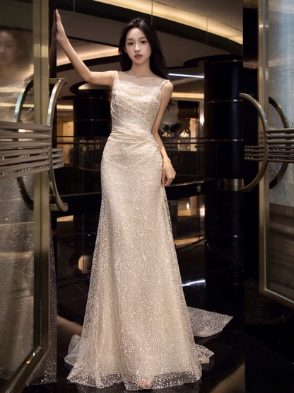 Dream Mermaid Spaghetti Straps Sequin White Wedding Dress Fairy Formal Wedding Dresses AU132