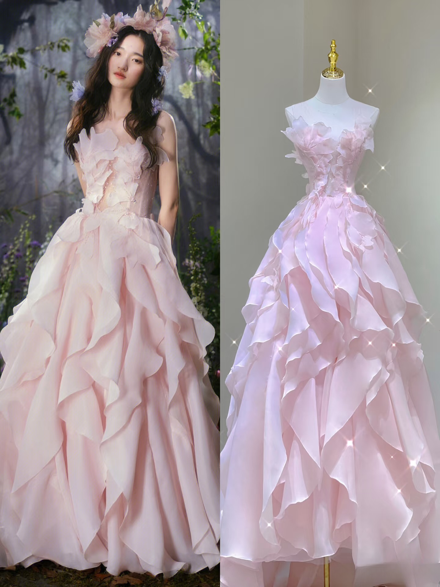 Modest Ball Gown Scoop Pink Chiffon Layers Prom Dresses Inspiration Prom Dress Princess Party Birthday Outfits AU133