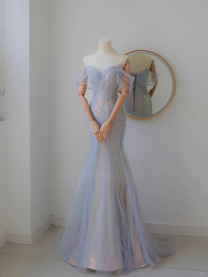 Robe de bal longue sirène sexy lilas à épaules dénudées et manches courtes ornée de perles, référence AU134