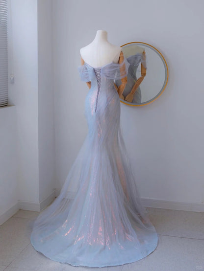 Robe de bal longue sirène sexy lilas à épaules dénudées et manches courtes ornée de perles, référence AU134
