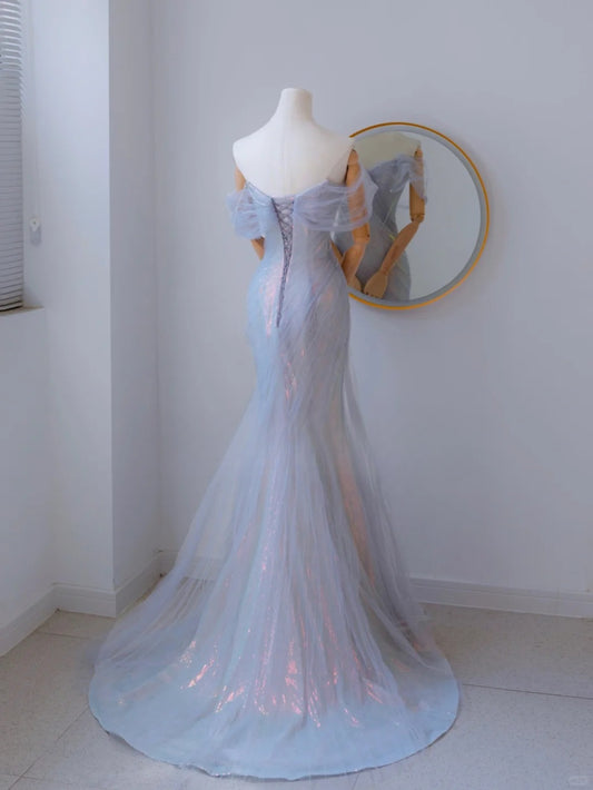 Sexy Meerjungfrauen-Abendkleid in Flieder mit schulterfreiem Ausschnitt, kurzen Ärmeln und Perlenbesatz, langes formelles Partykleid, Ballkleid AU134