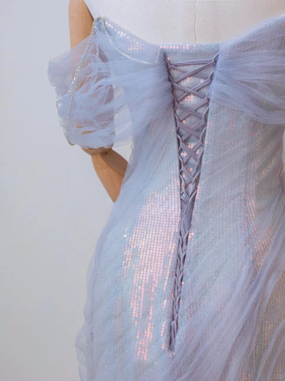 Robe de bal longue sirène sexy lilas à épaules dénudées et manches courtes ornée de perles, référence AU134
