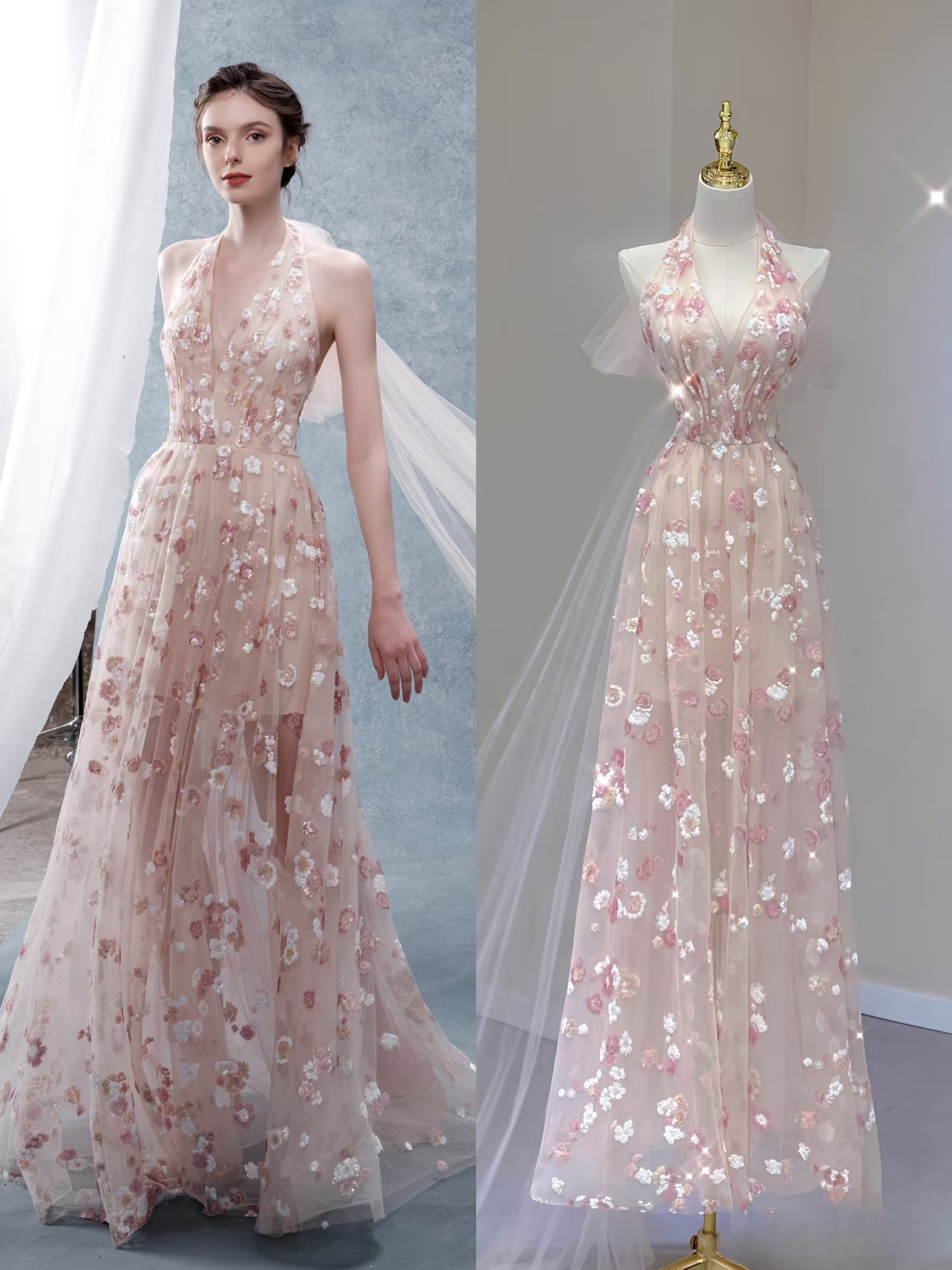 Modest A Line Halter Sleeveless Pink Floral Tulle Prom Dresses Inspiration Prom Dress Princess Party Birthday Outfits AU135