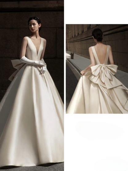 Traum Ballkleid V-Ausschnitt Ärmellos Satin Weiß Brautkleid Fee Formale Bräute Kleid Brautkleider AU138