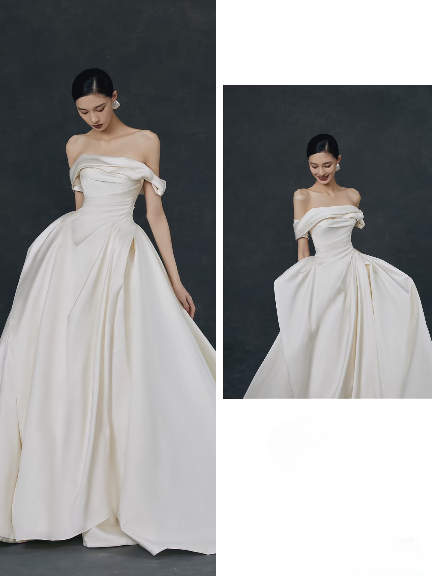Dream Ball Gown Off The Shoulder Satin White Wedding Dress With Sleeves Fairy Formal Wedding Dresses AU136