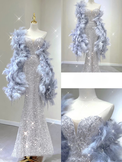 Sexy Meerjungfrau Schatz Silber Pailletten Prom Kleid Inspiration Lange Party Formale Prom Kleider AU137
