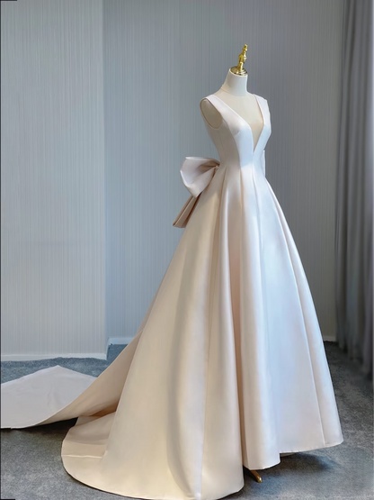 Traum Ballkleid V-Ausschnitt Ärmellos Satin Weiß Brautkleid Fee Formale Bräute Kleid Brautkleider AU138