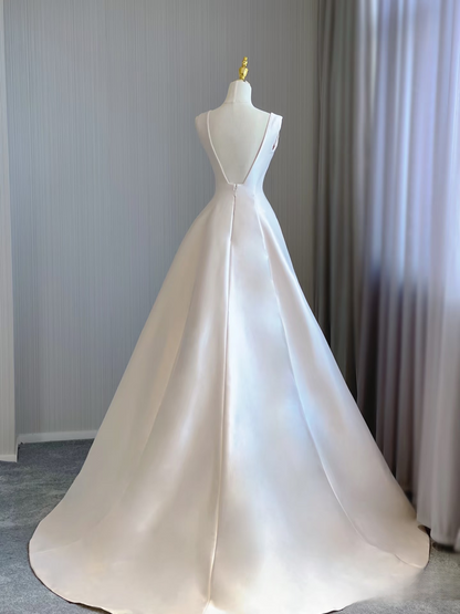 Traum Ballkleid V-Ausschnitt Ärmellos Satin Weiß Brautkleid Fee Formale Bräute Kleid Brautkleider AU138