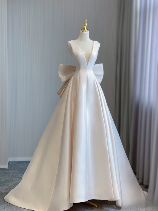 Dream Ball Gown V Neck Sleeveless Satin White Wedding Dress Fairy Formal Brides Gown Wedding Dresses AU138
