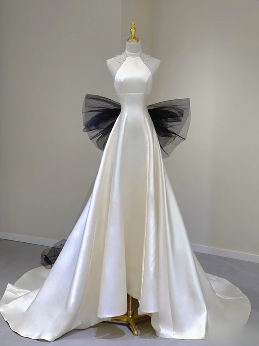 Dream A Line High Neck Sleeveless Satin White Wedding Dress With Black Bow-knot Fairy Formal Brides Gown Wedding Dresses AU139