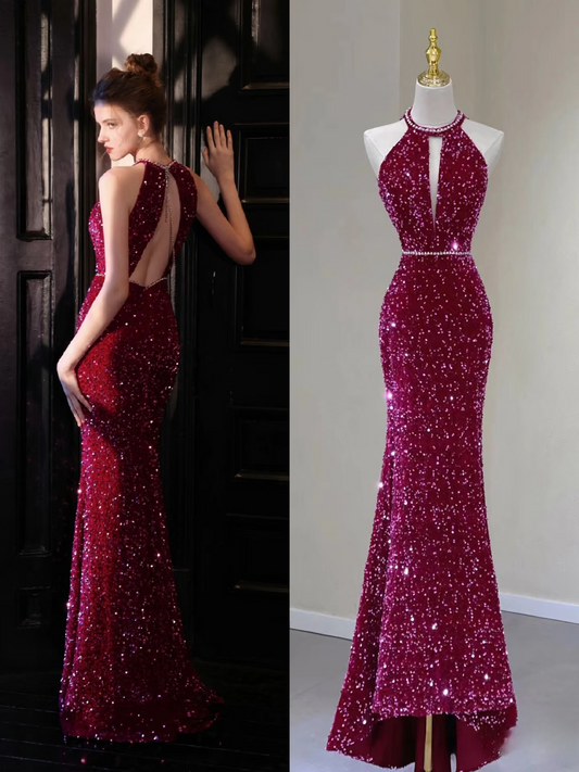 Elegant Mermaid High Neck Sequin Sparkly Pleated Floor Length Prom Dress Inspiration Long Prom Dresses AU141