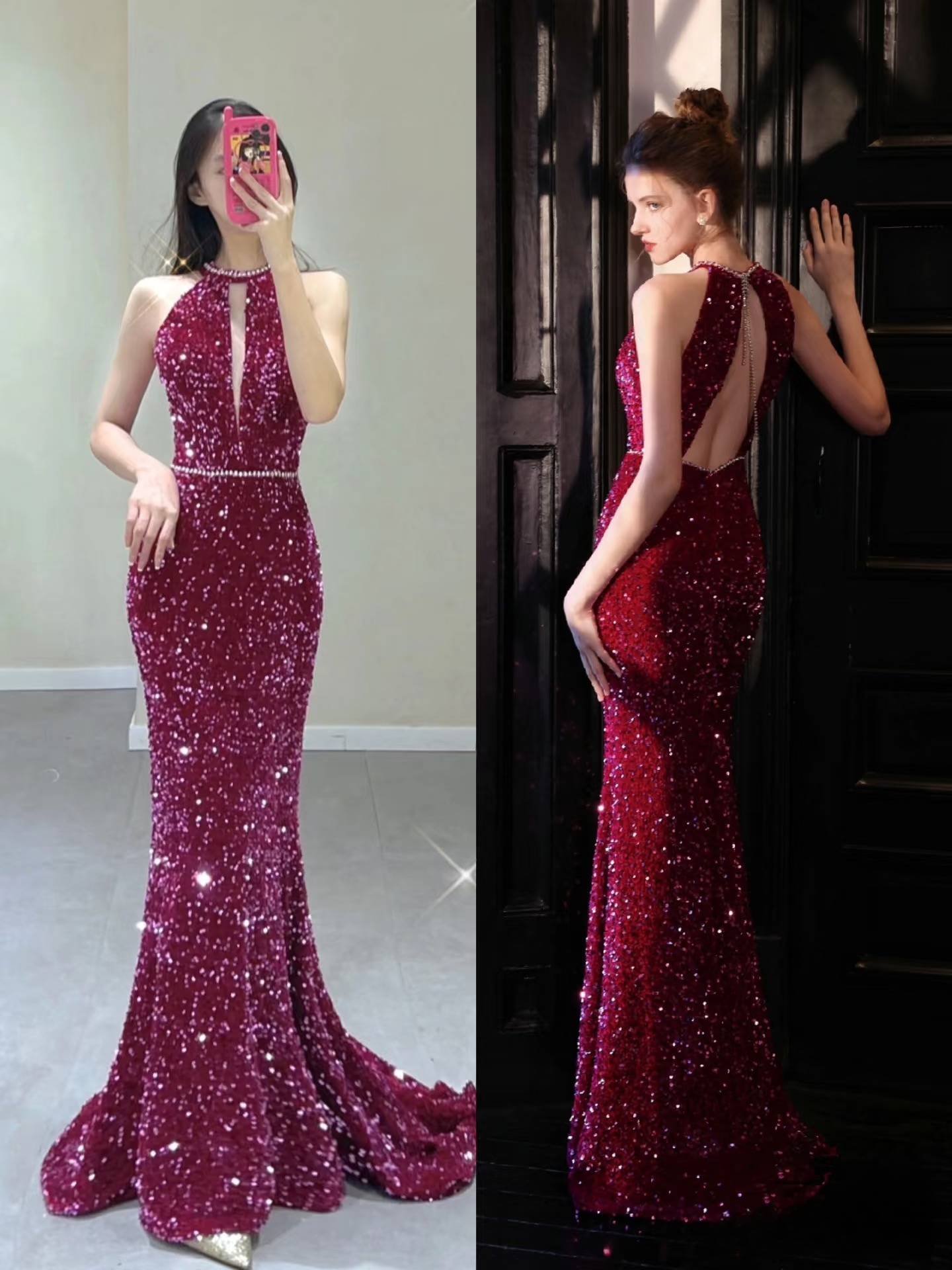 Elegant Mermaid High Neck Sequin Sparkly Pleated Floor Length Prom Dress Inspiration Long Prom Dresses AU141