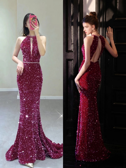 Elegant Mermaid High Neck Sequin Sparkly Pleated Floor Length Prom Dress Inspiration Long Prom Dresses AU141