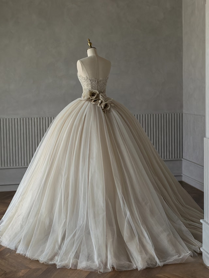 Traum Ballkleid Trägerloses Champagner Ärmelloses Tüll Brautkleid Mit Perlen Fee Formale Bräute Kleid Brautkleider AU142
