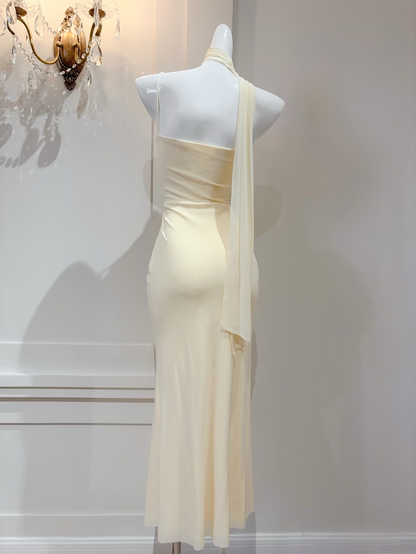 Robe de bal vintage sirène à bretelles spaghetti sans manches jaune, inspiration robe de bal longue AU142