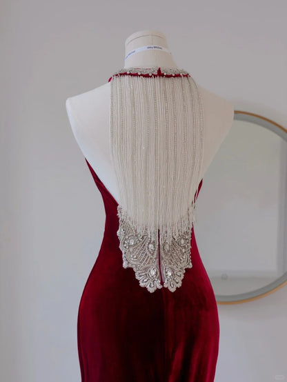 Simple Mermaid Scoop Neck Wine Red Velvet Backless Long Prom Dresses Formal Party Dress Prom Gown AU142