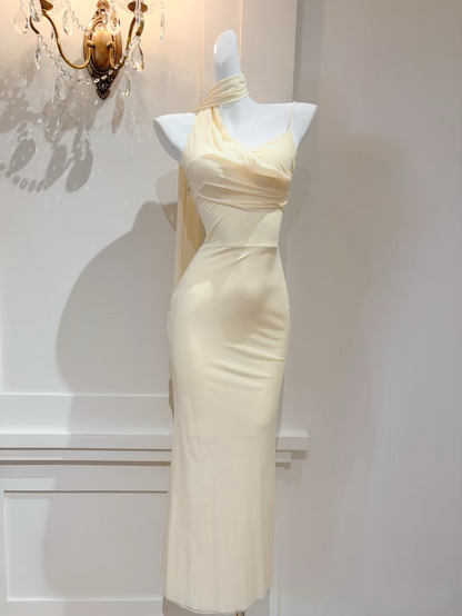 Robe de bal vintage sirène à bretelles spaghetti sans manches jaune, inspiration robe de bal longue AU142