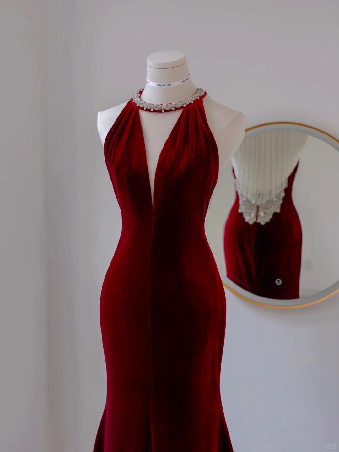 Simple Mermaid Scoop Neck Wine Red Velvet Backless Long Prom Dresses Formal Party Dress Prom Gown AU142