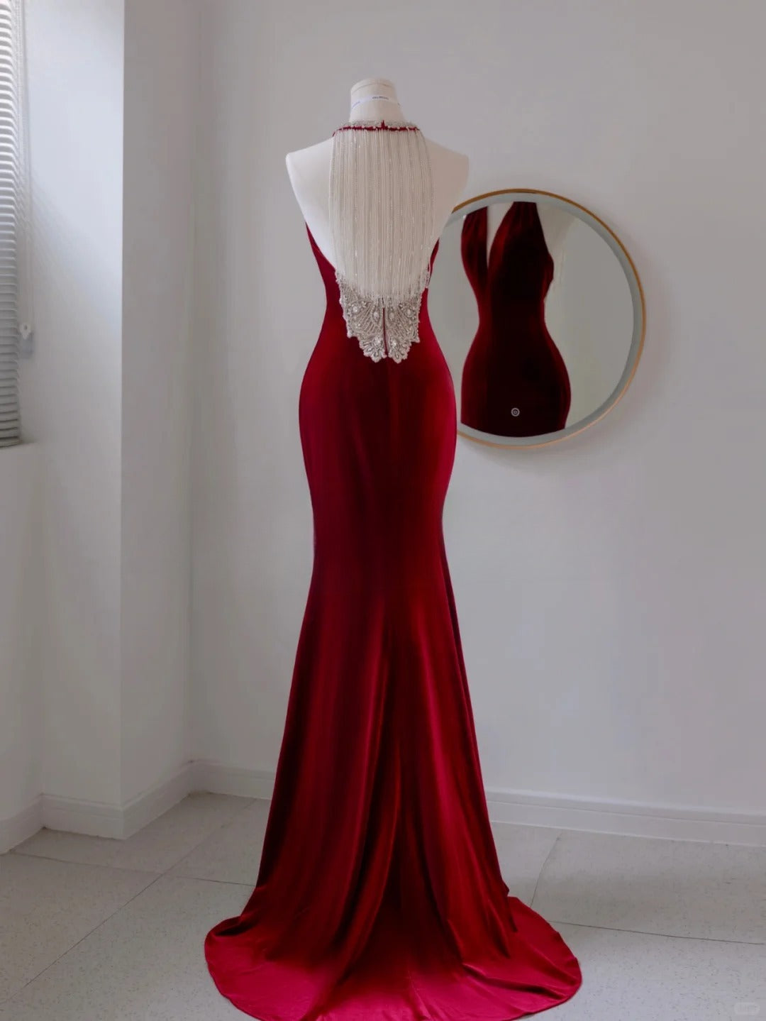 Simple Mermaid Scoop Neck Wine Red Velvet Backless Long Prom Dresses Formal Party Dress Prom Gown AU142
