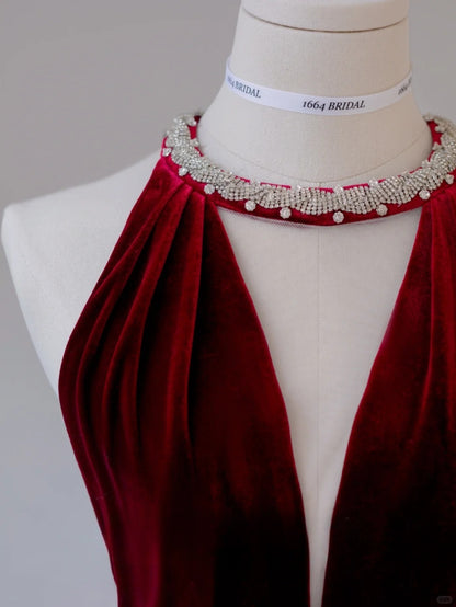 Simple Mermaid Scoop Neck Wine Red Velvet Backless Long Prom Dresses Formal Party Dress Prom Gown AU142