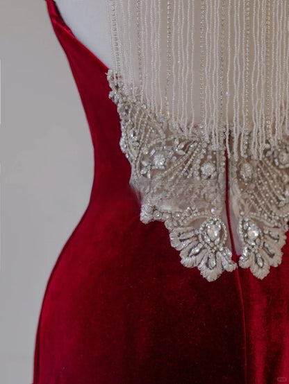 Simple Mermaid Scoop Neck Wine Red Velvet Backless Long Prom Dresses Formal Party Dress Prom Gown AU142