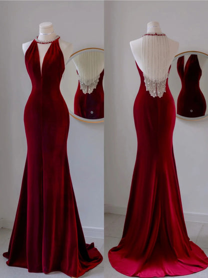 Simple Mermaid Scoop Neck Wine Red Velvet Backless Long Prom Dresses Formal Party Dress Prom Gown AU142