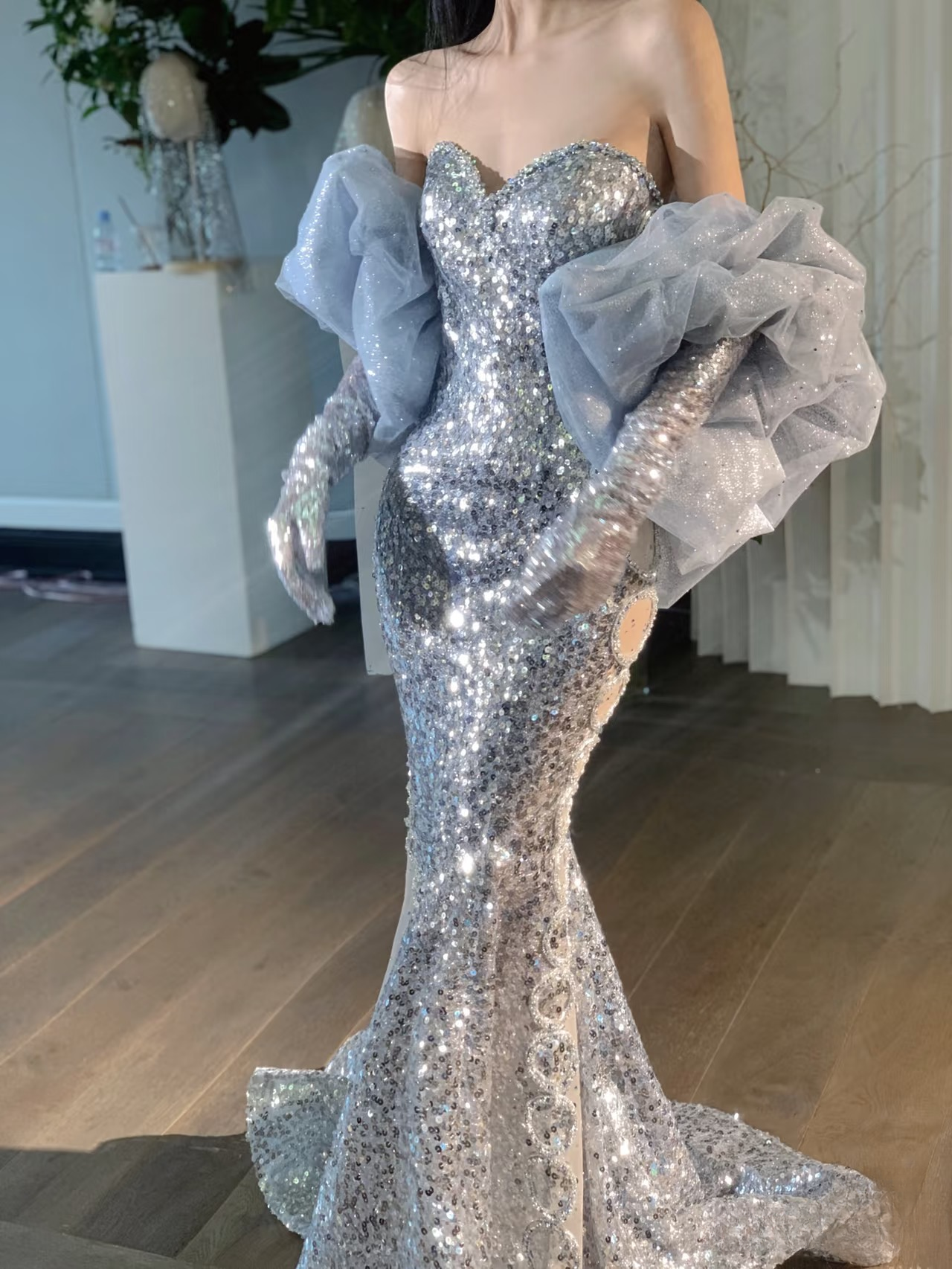 Elegant Mermaid Sweetheart Silver Sequin Sparkly Floor Length Prom Dress Inspiration Long Prom Dresses A143