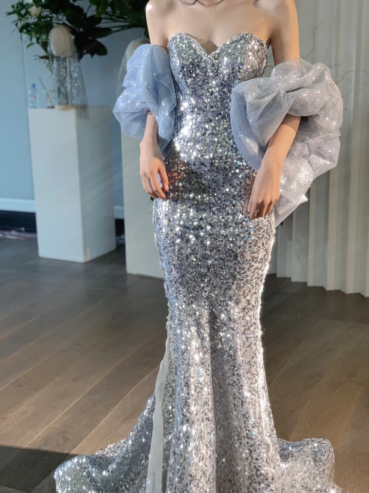Elegant Mermaid Sweetheart Silver Sequin Sparkly Floor Length Prom Dress Inspiration Long Prom Dresses A143