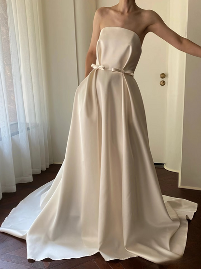 Traum Ballkleid Trägerloses Elfenbein Ärmelloses Satin Brautkleid Mit Schleife Fee Formale Bräute Kleid Brautkleider AU144