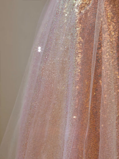 Niedliches, schulterfreies, rosafarbenes Paillettenkleid mit kurzen Ärmeln in A-Linie, langes Abendkleid, formelles Partykleid, Ballkleid AU144