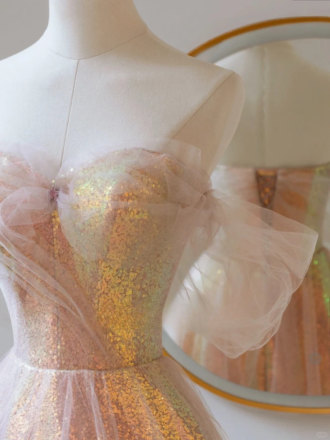 Niedliches, schulterfreies, rosafarbenes Paillettenkleid mit kurzen Ärmeln in A-Linie, langes Abendkleid, formelles Partykleid, Ballkleid AU144