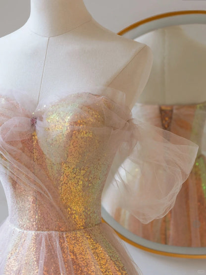 Niedliches, schulterfreies, rosafarbenes Paillettenkleid mit kurzen Ärmeln in A-Linie, langes Abendkleid, formelles Partykleid, Ballkleid AU144