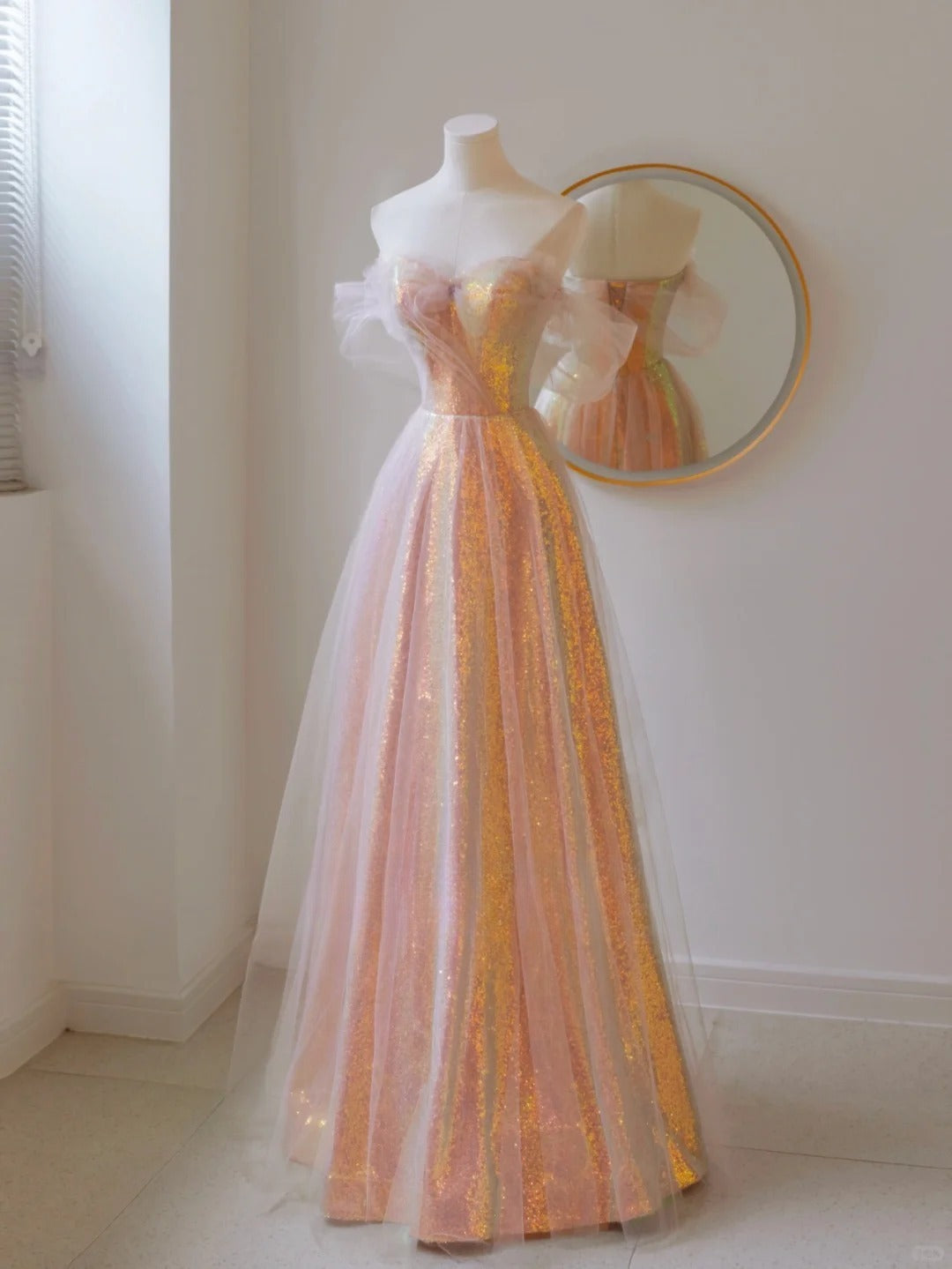Niedliches, schulterfreies, rosafarbenes Paillettenkleid mit kurzen Ärmeln in A-Linie, langes Abendkleid, formelles Partykleid, Ballkleid AU144