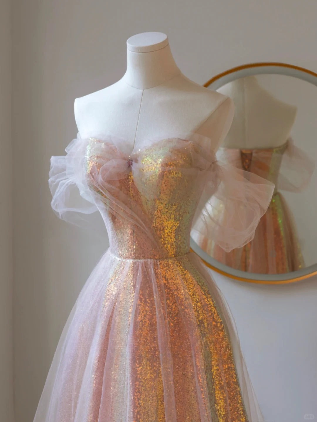 Niedliches, schulterfreies, rosafarbenes Paillettenkleid mit kurzen Ärmeln in A-Linie, langes Abendkleid, formelles Partykleid, Ballkleid AU144