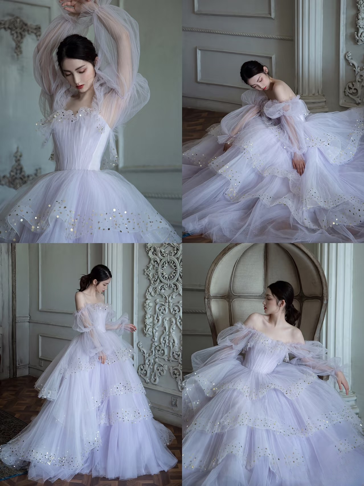 Robe de bal élégante, col carré, lilas, manches longues, robe de soirée unique, robe de remise de diplôme, AU146