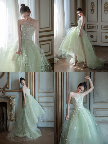 Elegant High Low Strapless Mint Green Tulle Prom Dresses Unique Party Formal Graduation Dress AU156