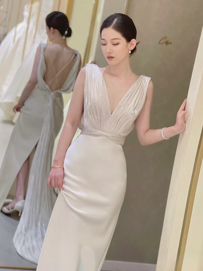 Dream Mermaid V Neck Sleeveless Satin Wedding Dress Fairy Formal Brides Gown Wedding Dresses AU147