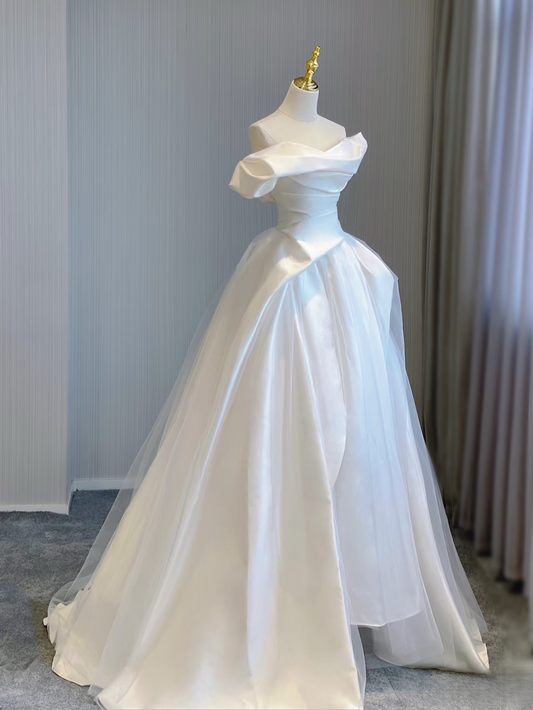 Dream Ball Gown Off The Shoulder Satin White Wedding Dress With Sleeves Fairytale Formal Wedding Dresses AU148