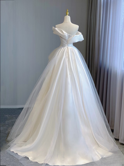 Dream Ball Gown Off The Shoulder Satin White Wedding Dress With Sleeves Fairytale Formal Wedding Dresses AU148